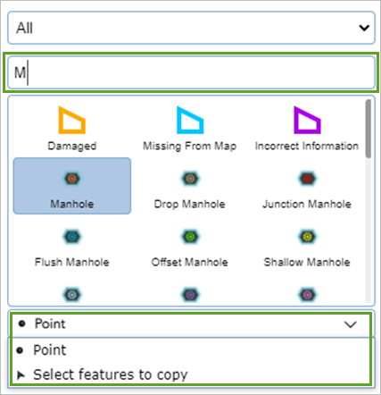 Feature templates filtered by search and menu of add methods